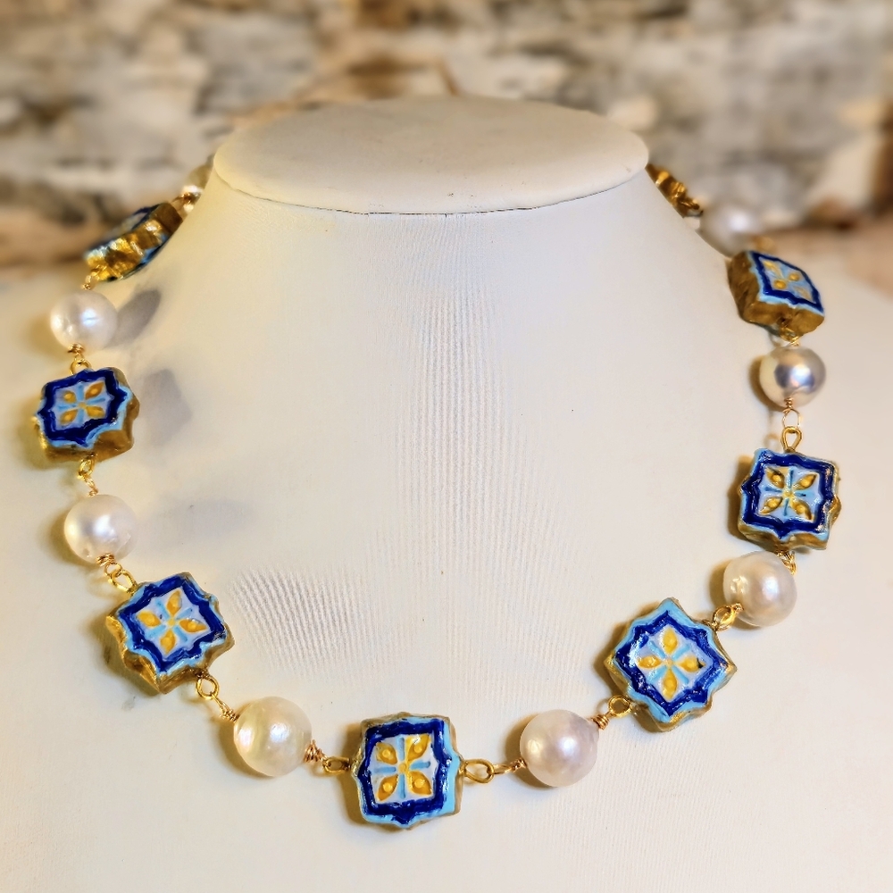 Santorini Inspired Handpainted Mosaic & White Baroque Pearls In Artisan Necklace